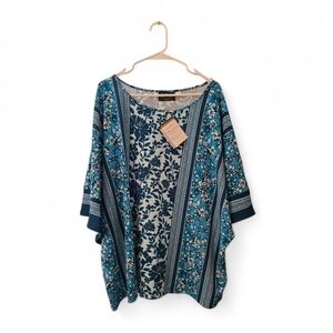 NWT Bob Mackie Wearable Art Womens Top Size 3x Blue Floral Blouse Shirt
